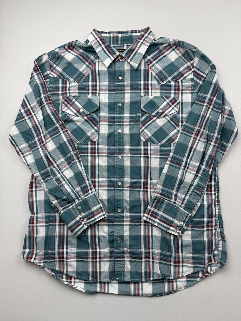 High Noon Shirt Mens XL Green Plaid Long Sleeve Western Pearl Snap Casual